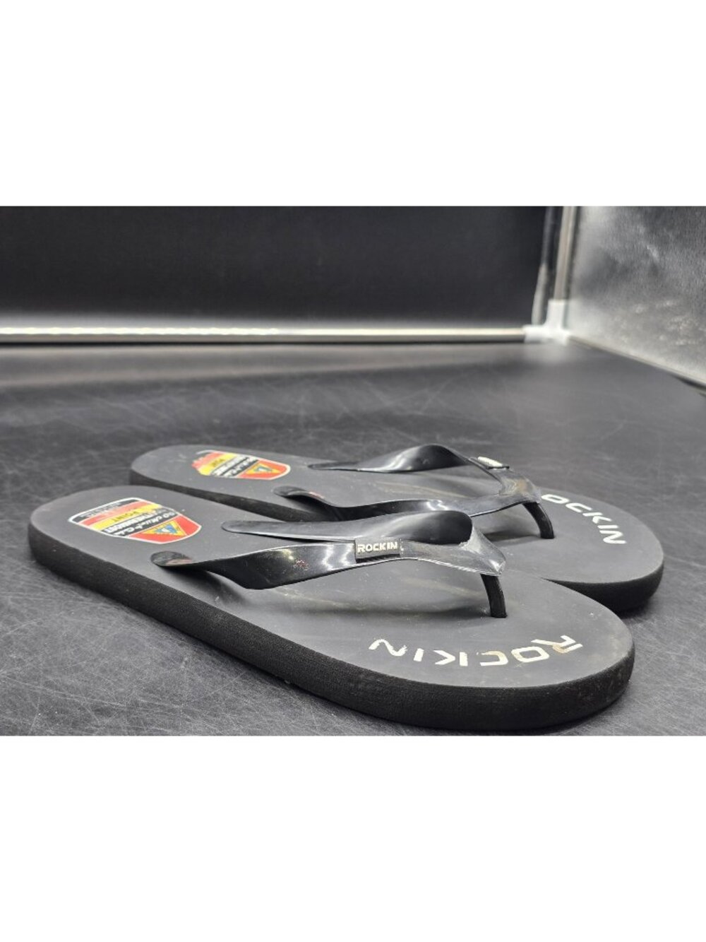 Rockin Sandals Shoes womens Size 9.5 Black Flip Flops Stains Southernmost Point